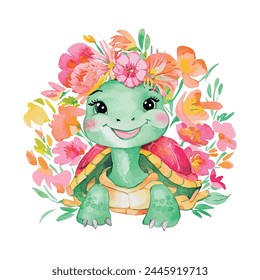 Turtle With Flowers Illustration Watercolor Sublimation Clip art