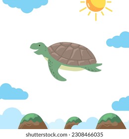 Turtle fly on the sky with cloud nature whimsical children style fantasy illustration