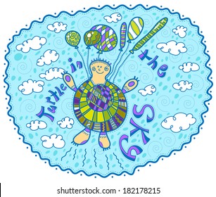 Turtle flying on air balloons in the sky among the clouds. Turtle in the sky