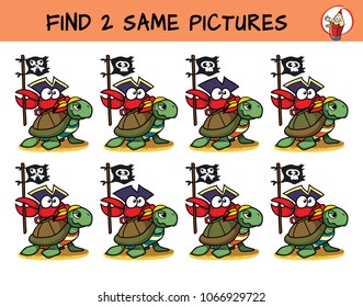 A turtle and a funny crab with a pirate flag. Find two the same pictures. Educational matching game for children. Cartoon vector illustration