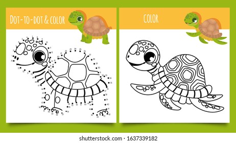 Turtle games. Dot by dot and coloring game with cute turtles vector illustration. Funny happy tortoises drawn with contour lines. Puzzle or riddle for children with aquatic and terrestrial reptiles.