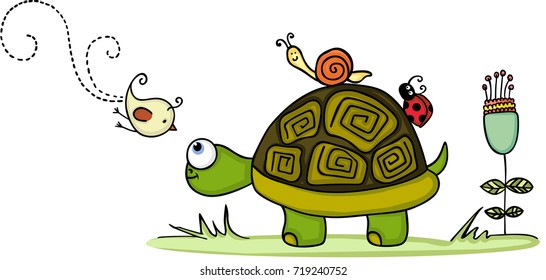 Turtle in garden with animal friends