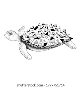 Turtle with geometric lines deforming. Pointillist style and geometric mandalas.