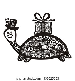 Turtle with gift cute cartoon vector illustration