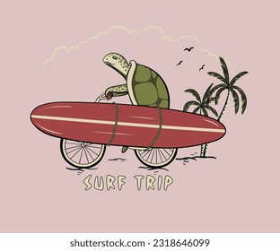 turtle going surfing vector illustration, turtle riding cycle vector art, funny turtle graphic print design, summer surfing design for t shirt, sticker, print