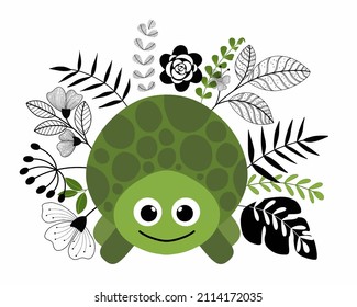 Turtle green animal floral background vector