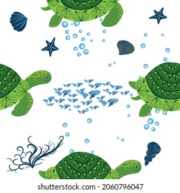 Turtle green seamless pattern, beautiful character among seashells, seaweed, starfish, sea animals wildlife nature. Nature underwater.