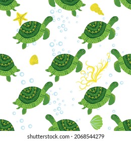 Turtle green seamless pattern, beautiful character among seashells, seaweed, starfish, sea animals wildlife nature. Nature underwater, marine wild fish in the ocean zoo