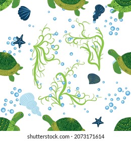Turtle green seamless pattern, beautiful character among seashells, seaweed, starfish, sea animals wildlife nature. Nature underwater, marine wild fish in the ocean zoo