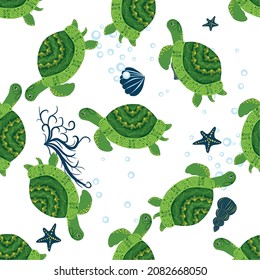 Turtle green seamless pattern, beautiful character among seashells, seaweed, starfish, sea animals wildlife nature. Nature underwater, marine wild fish in the ocean zoo