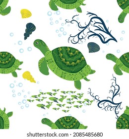 Turtle green seamless pattern, beautiful character among seashells, seaweed, starfish, sea animals wildlife nature. Nature underwater, marine wild fish in the ocean zoo