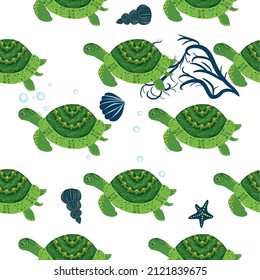 Turtle green seamless pattern, beautiful character among seashells, seaweed, starfish, sea animals wildlife nature. Nature underwater, marine wild fish in the ocean zoo