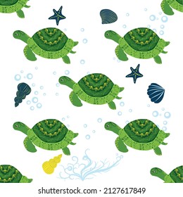 Turtle green seamless pattern, beautiful character among seashells, seaweed, starfish, sea animals wildlife nature. Nature underwater, marine wild fish in the ocean zoo