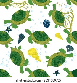 Turtle green seamless pattern, beautiful character among seashells, seaweed, starfish, sea animals wildlife nature. Nature underwater, marine wild fish in the ocean zoo