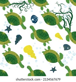 Turtle green seamless pattern, beautiful character among seashells, seaweed, starfish, sea animals wildlife nature. Nature underwater, marine wild fish in the ocean zoo