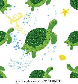 Turtle green seamless pattern, beautiful character among seashells, seaweed, starfish, sea animals wildlife nature. Nature underwater, marine wild fish in the ocean zoo