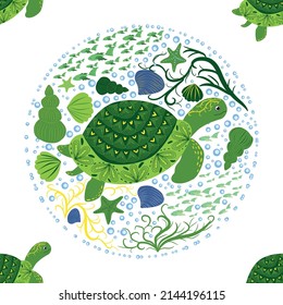 Turtle green seamless pattern, beautiful character among seashells, seaweed, starfish, sea animals wildlife nature. Nature underwater, marine wild fish in the ocean zoo