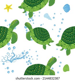 Turtle green seamless pattern, beautiful character among seashells, seaweed, starfish, sea animals wildlife nature. Nature underwater, marine wild fish in the ocean zoo