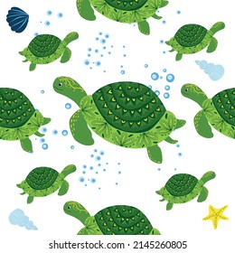 Turtle green seamless pattern, beautiful character among seashells, seaweed, starfish, sea animals wildlife nature. Nature underwater, marine wild fish in the ocean zoo