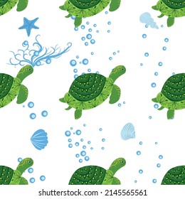 Turtle green seamless pattern, beautiful character among seashells, seaweed, starfish, sea animals wildlife nature. Nature underwater, marine wild fish in the ocean zoo