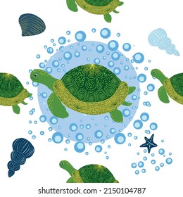 Turtle green seamless pattern, beautiful character among seashells, seaweed, starfish, sea animals wildlife nature. Nature underwater, marine wild fish in the ocean zoo