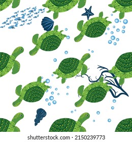 Turtle green seamless pattern, beautiful character among seashells, seaweed, starfish, sea animals wildlife nature. Nature underwater, marine wild fish in the ocean zoo