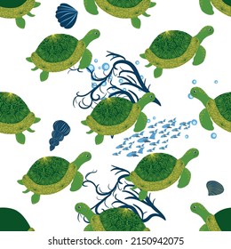 Turtle green seamless pattern, beautiful character among seashells, seaweed, starfish, sea animals wildlife nature. Nature underwater, marine wild fish in the ocean zoo