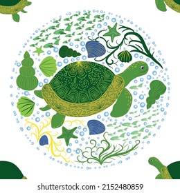 Turtle green seamless pattern, beautiful character among seashells, seaweed, starfish, sea animals wildlife nature. Nature underwater, marine wild fish in the ocean zoo