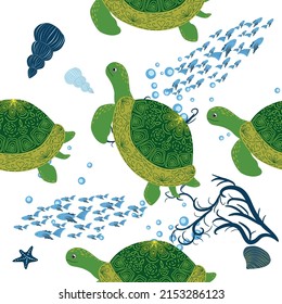Turtle green seamless pattern, beautiful character among seashells, seaweed, starfish, sea animals wildlife nature. Nature underwater, marine wild fish in the ocean zoo