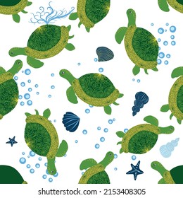 Turtle green seamless pattern, beautiful character among seashells, seaweed, starfish, sea animals wildlife nature. Nature underwater, marine wild fish in the ocean zoo