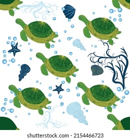 Turtle green seamless pattern, beautiful character among seashells, seaweed, starfish, sea animals wildlife nature. Nature underwater, marine wild fish in the ocean zoo