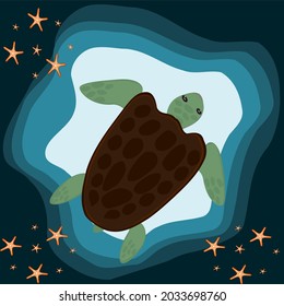 turtle green starfish swimming under the sea dark green gradient Underwater scene with marine life and colorful flora vector illustration
