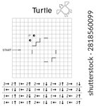 Turtle grid drawing worksheet, educational graphic dictation for kids 