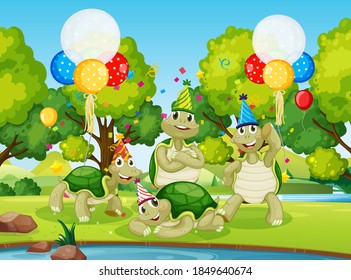 Turtle group in party theme cartoon character on forest background illustration