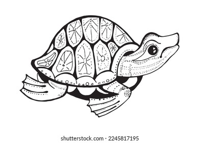 La mano de la tortuga dibuja una página de color de imágenes vectoriales en blanco y negro