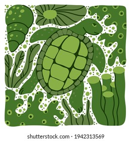 Turtle hand drawn illustration. Square cartoon poster of ocean animal with sea plants, coral, shell. Childish t shirt print, cover design. Flat isolated vector. Monochrome elements set