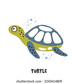 Turtle. Hand drawn vector cartoon illustration for kids. Amusing Sea Animal