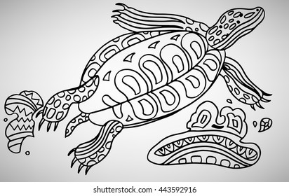 Turtle. Hand-drawn with ethnic pattern. Coloring page - isolated on a white background. Zendoodle patterns. Vector illustration.