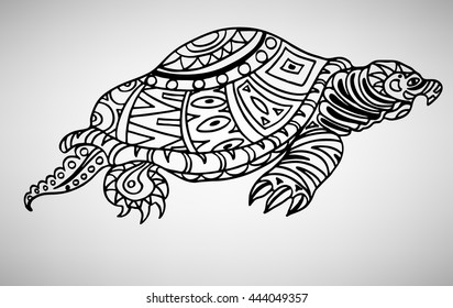 Turtle. Hand-drawn with ethnic pattern. Coloring page - isolated on a white background. Zendoodle patterns. Vector illustration.