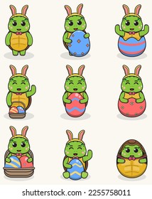 Turtle Happy Easter. Cute Turtle on the Easter theme in cartoon. Vector illustration. Isolated on white background. Easter holiday vector set.