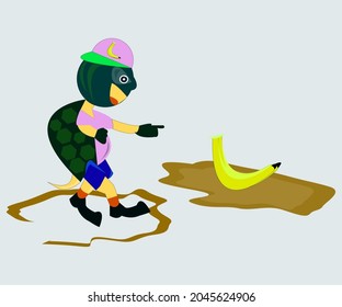 The turtle is happy to find bananas
