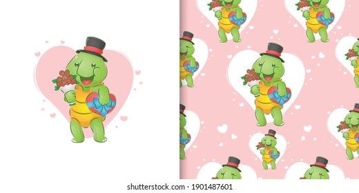 The turtle with the hat is holding the bucket of flowers and a gift love of illustration