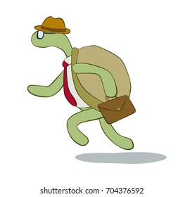 Turtle with hat and necktie running isolated on white background vector