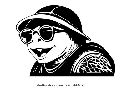 Turtle in a hat and sunglasses. Vector illustration. black and white.