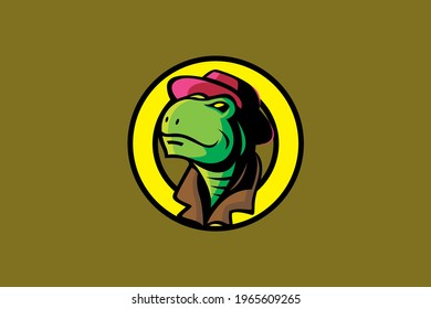 The turtle head mascot, a hat like a detective, is suitable for brand logos, team logos or t-shirts.