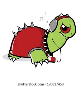 A turtle with headphones listening to music. Vector illustration