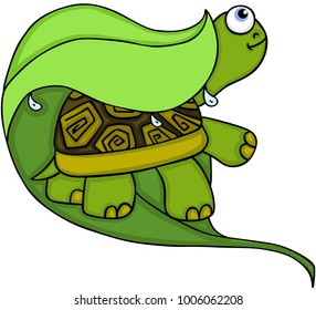 Turtle hiding under a green leaf from the rain
