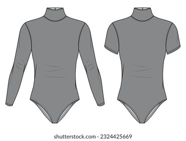 Turtle High Neck Long Sleeve and Short Sleeve Leotard Bodysuit  Fashion Flat Sketch Vector Illustration, CAD, Technical Drawing, Flat Drawing, Template, Mockup.