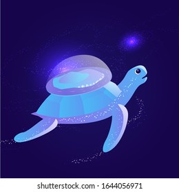 Turtle holding flat earth.  Ancient belief in plane globe in form of disk. Cosmology and pseudoscience, old science and flat-earthers, conspiracy theme