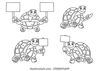 A turtle holding a sign. The turtle is smiling and he is happy